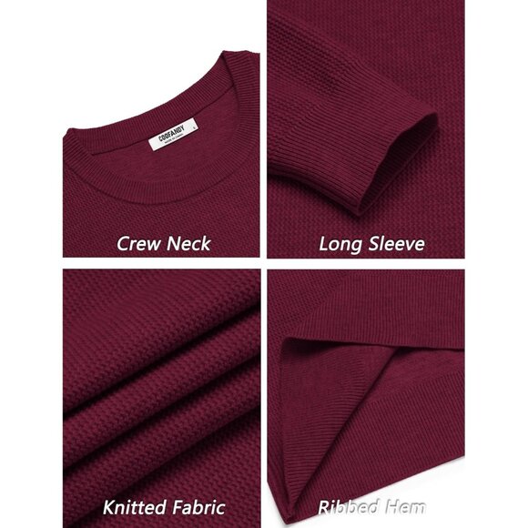 Men's Crewneck Sweater Dress Long Sleeve Pullover Sweater Knit Sweaters Dark Red - Picture 5 of 6